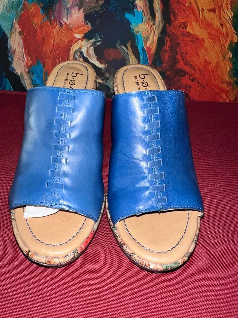 No.07 b.o.c. Blue Leather Floral Wedge Slide Sandals, Size 6